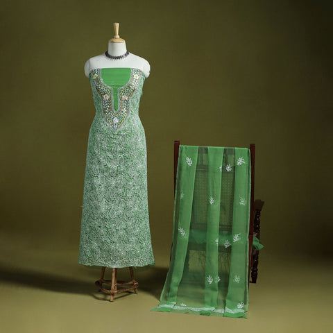 Green - lucknowi hand embroidered chikankari georgette 3pc