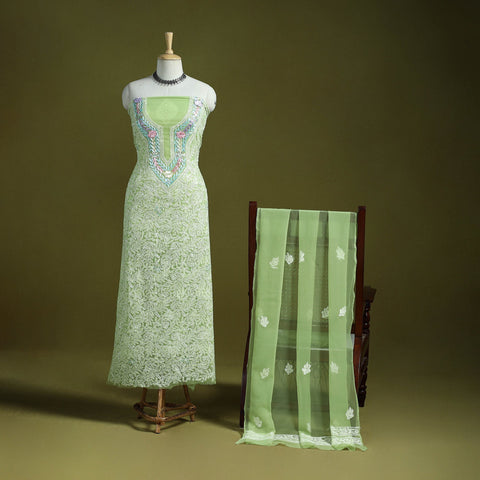 Green - lucknowi hand embroidered chikankari georgette 3pc
