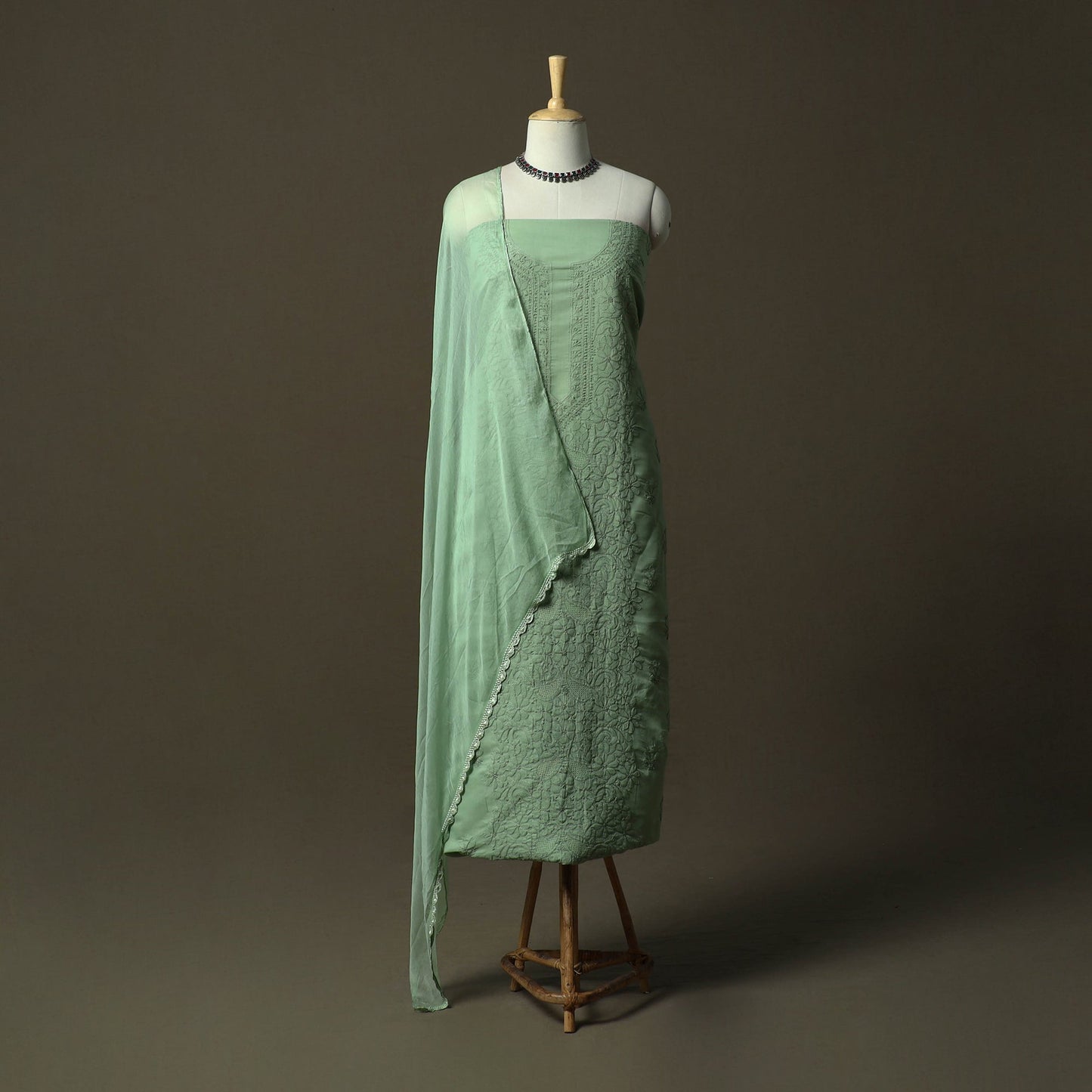 Green - lucknowi hand embroidered cotton chikankari 3pc
