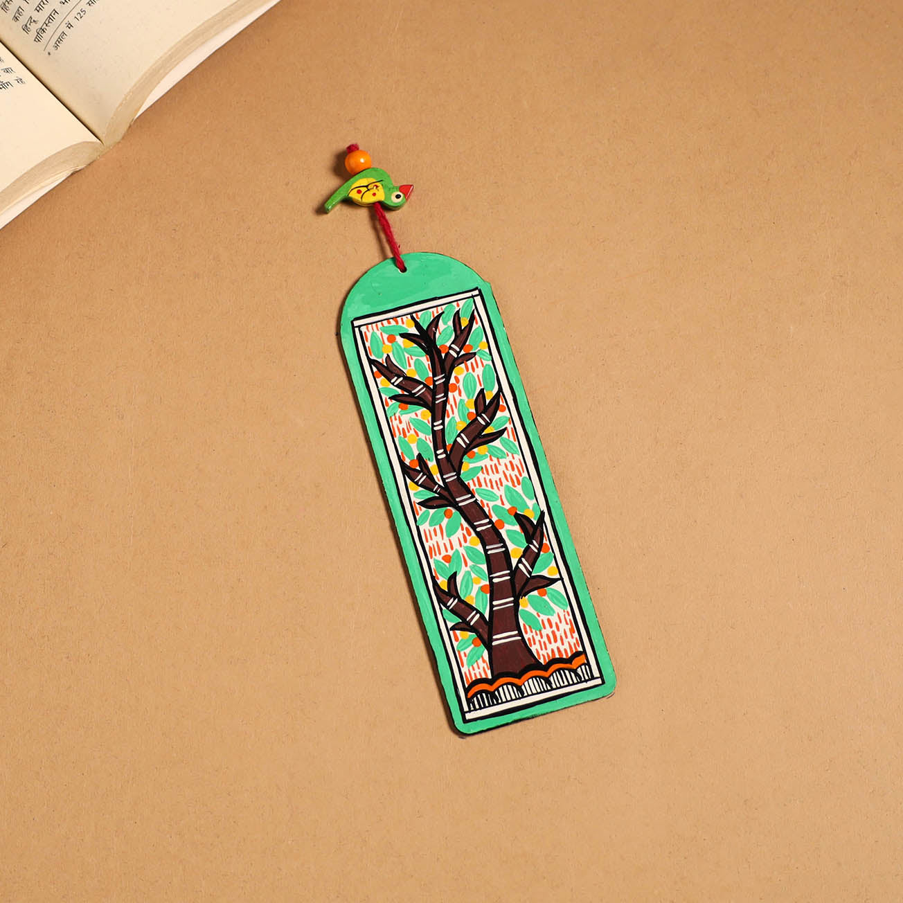 Green - madhubani handpainted wooden bookmark 09