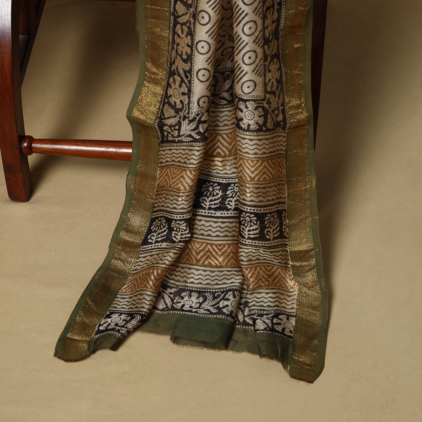 Green - maheshwari silk bagru hand 3pc unstitched dress