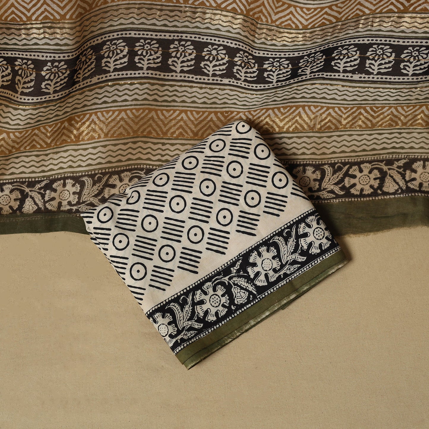 Green - maheshwari silk bagru hand 3pc unstitched dress