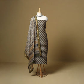 Green - maheshwari silk bagru hand 3pc unstitched dress