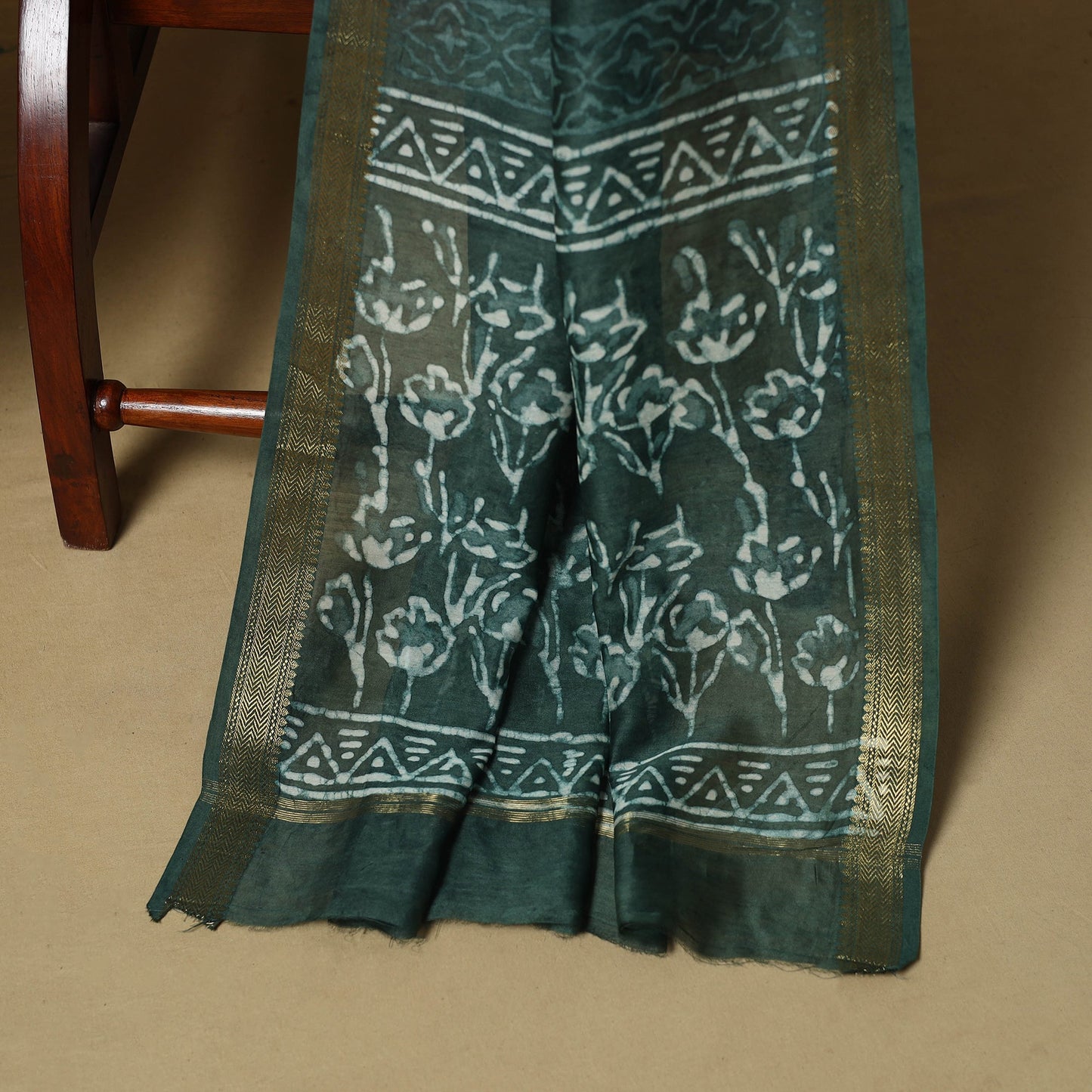 Green - maheshwari silk bagru hand 3pc unstitched dress