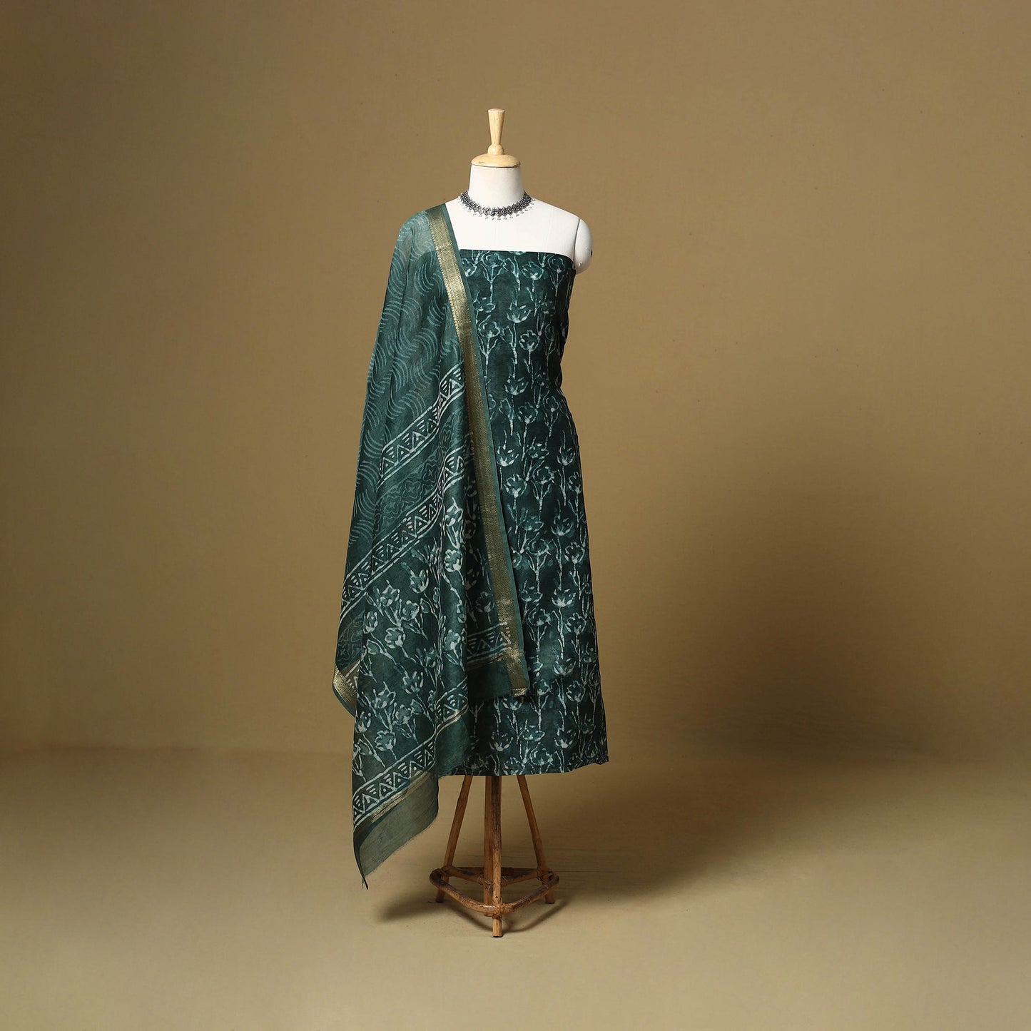 Green - maheshwari silk bagru hand 3pc unstitched dress