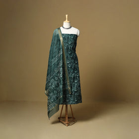 Green - maheshwari silk bagru hand 3pc unstitched dress
