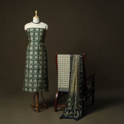 Maheshwari silk hand block bagru print 3pc unstitched dress