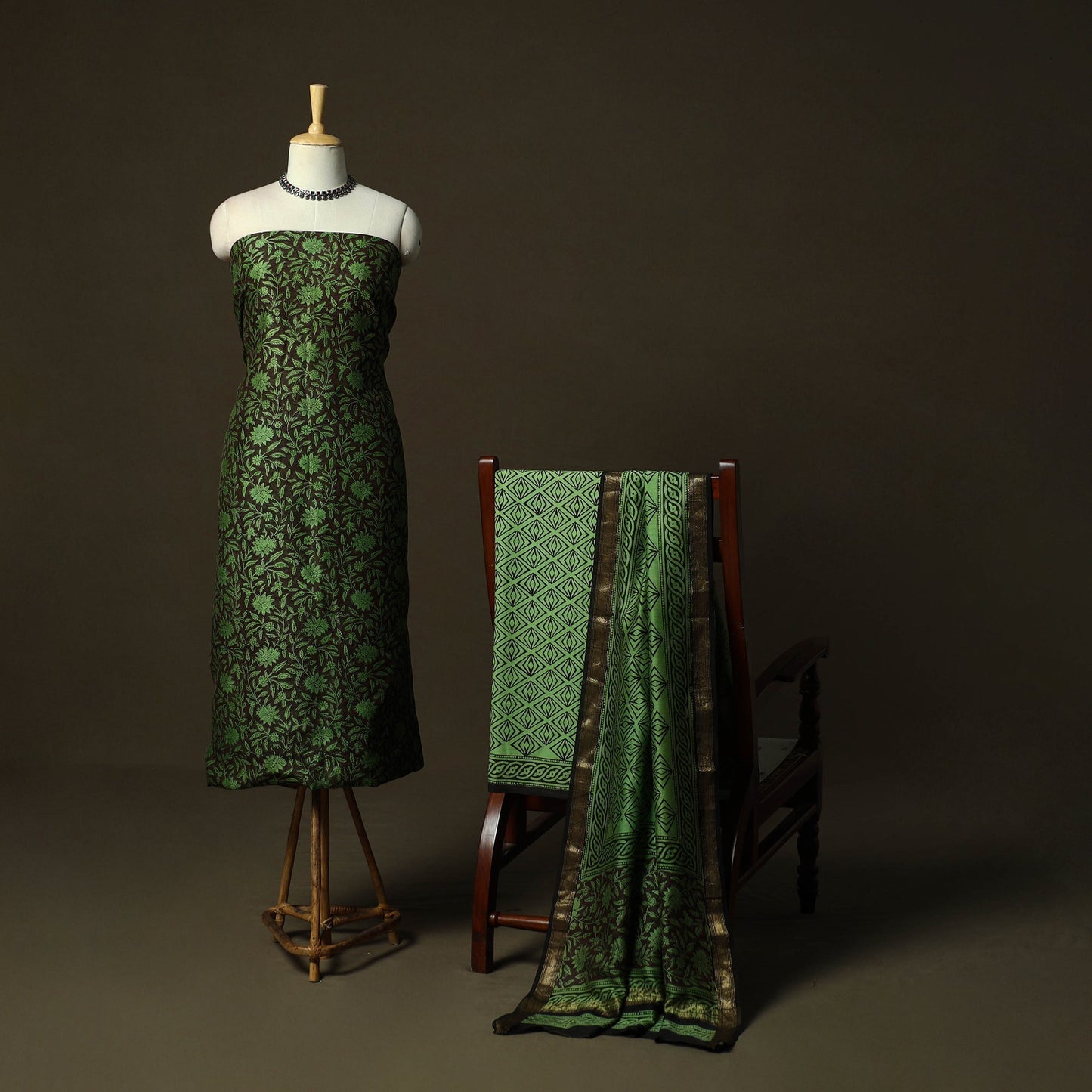Maheshwari silk hand block bagru print 3pc unstitched dress