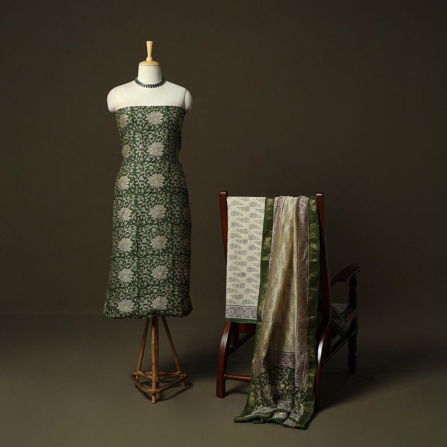 Maheshwari silk hand block bagru print 3pc unstitched dress
