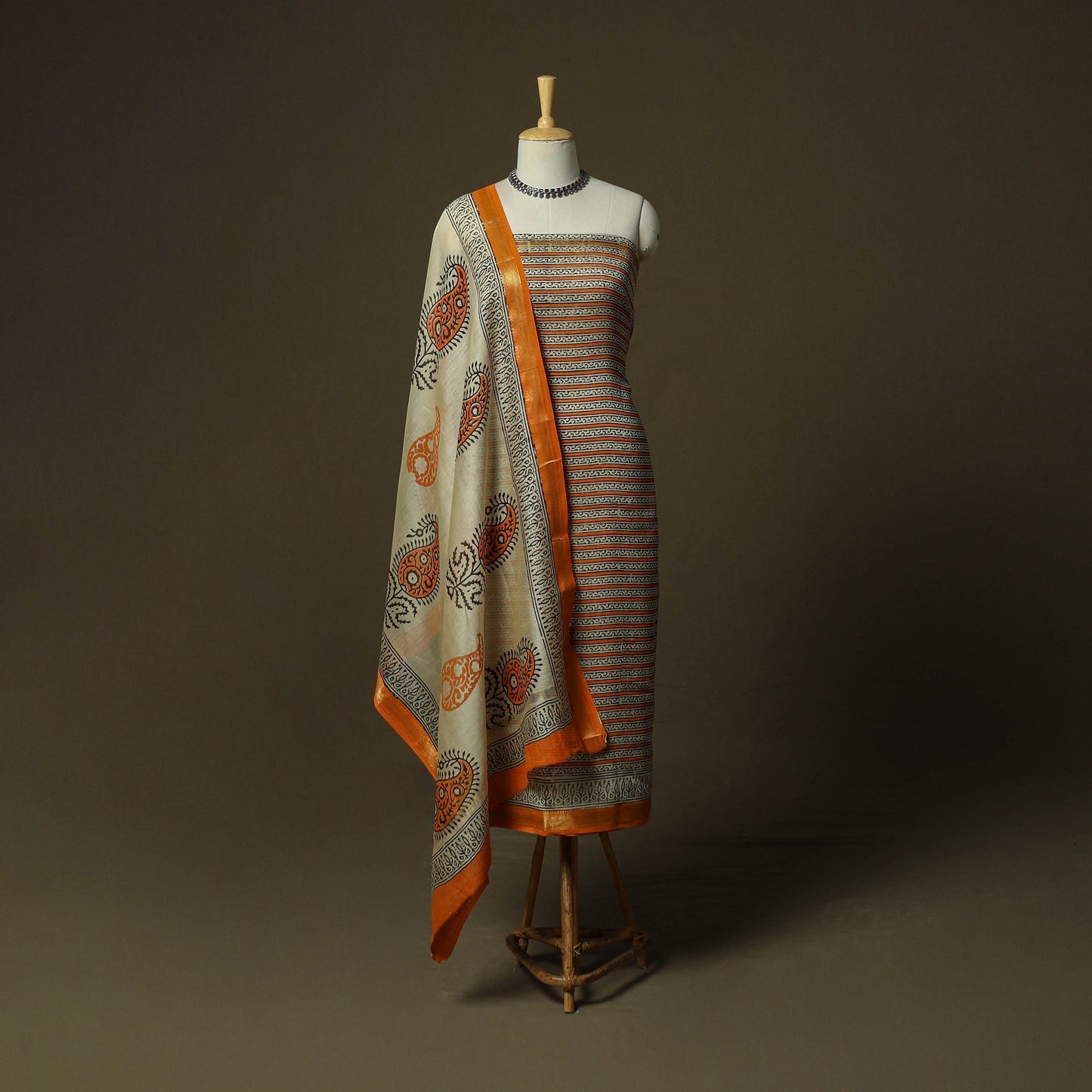 Maheshwari silk hand block bagru print 3pc unstitched dress