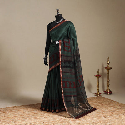 Green - maheshwari silk natural dyed bagh saree with zari