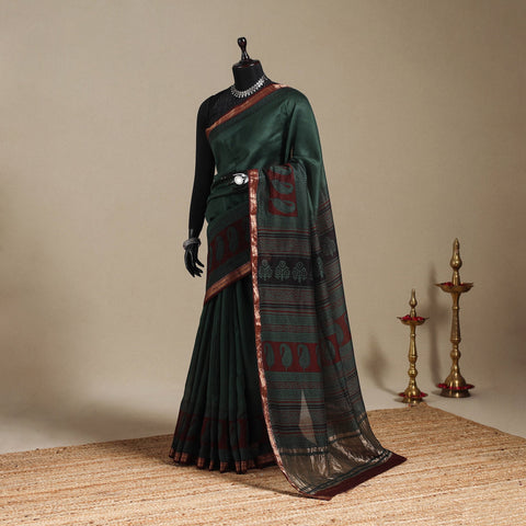 Green - maheshwari silk natural dyed bagh saree with zari