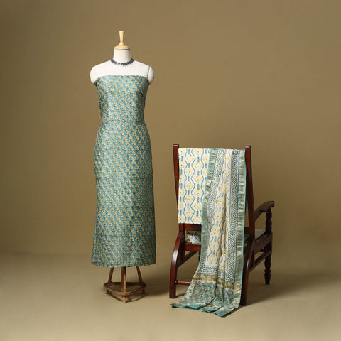 Green - maheshwari silk sanganeri hand 3pc unstitched dress