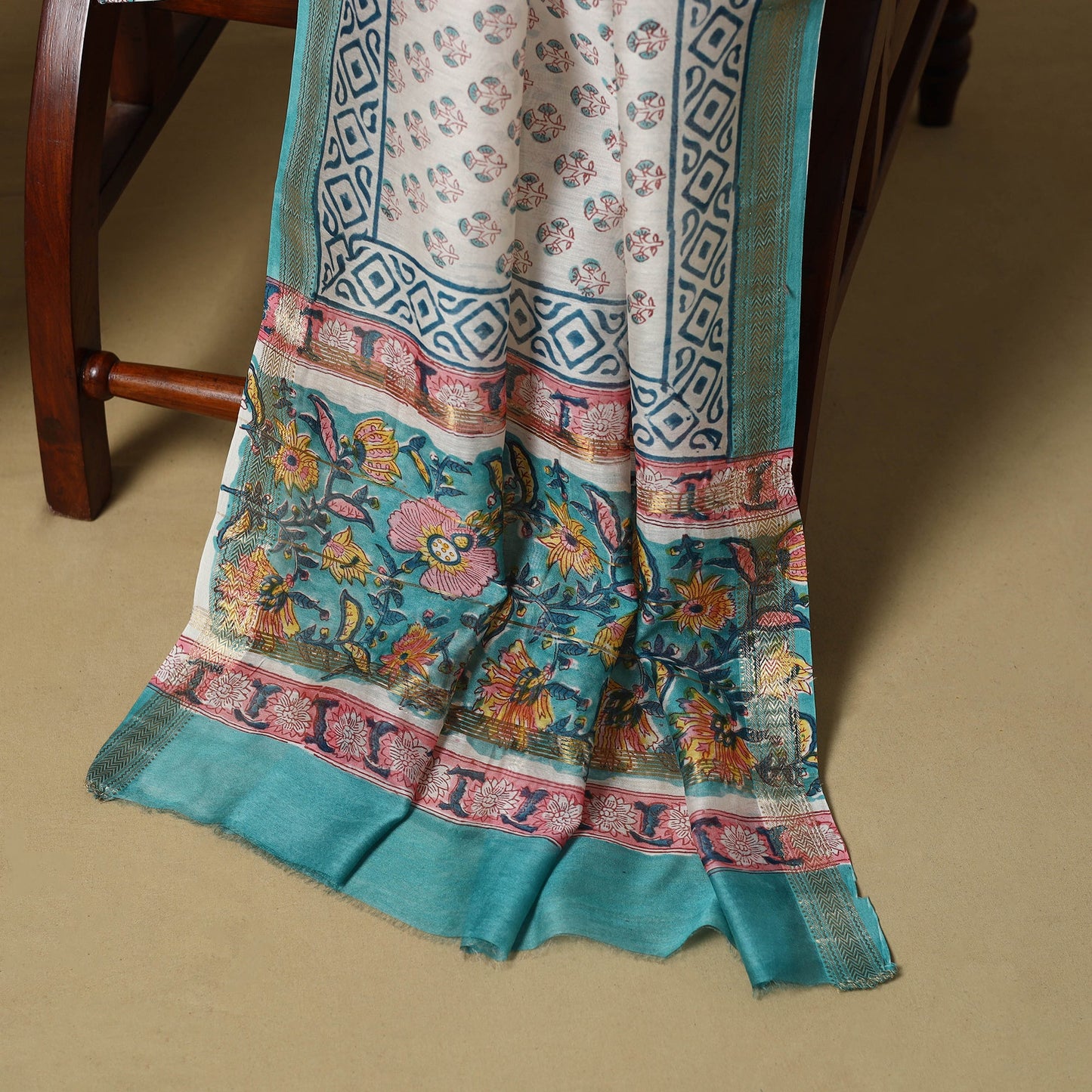 Green - maheshwari silk sanganeri hand 3pc unstitched dress