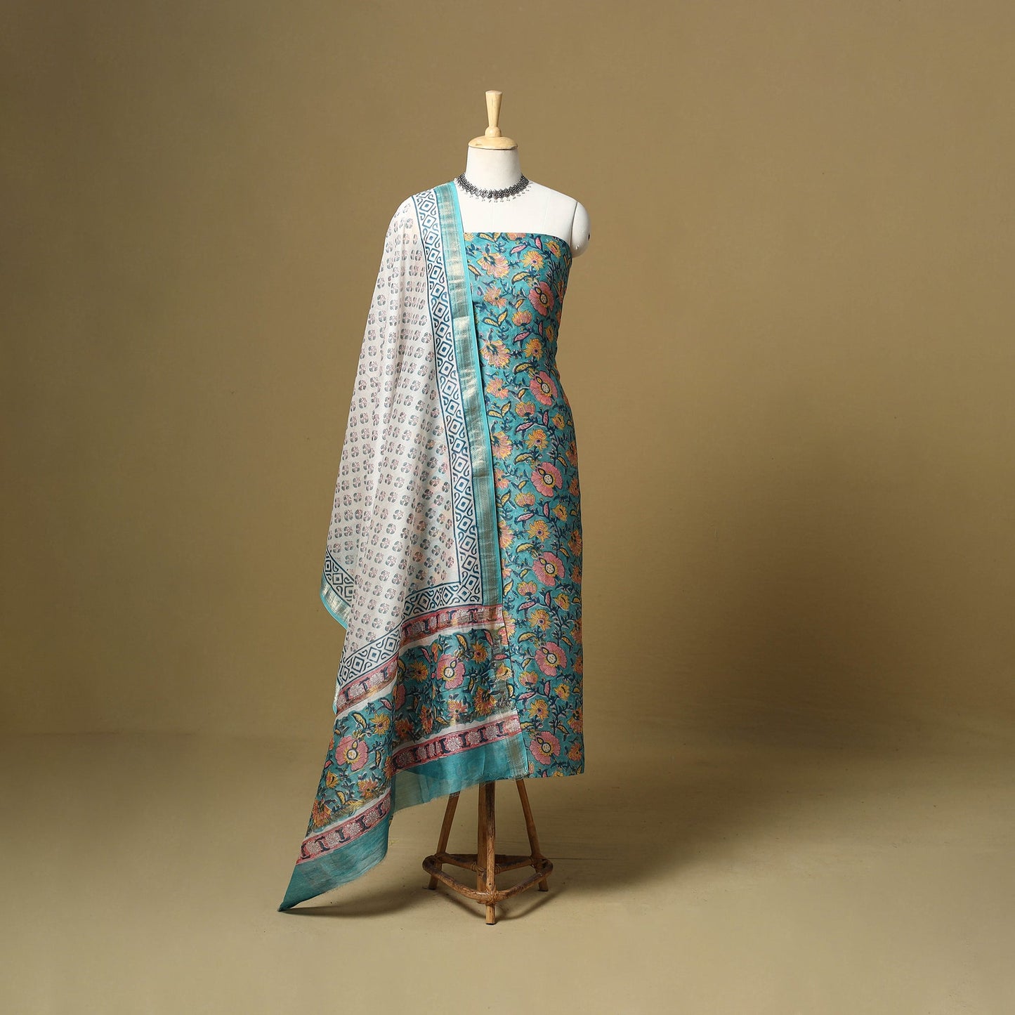 Green - maheshwari silk sanganeri hand 3pc unstitched dress