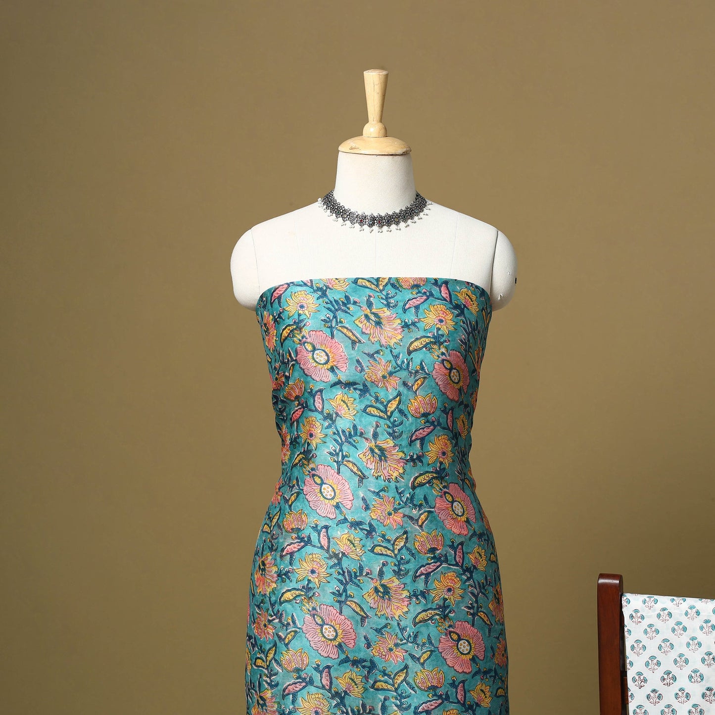 Green - maheshwari silk sanganeri hand 3pc unstitched dress