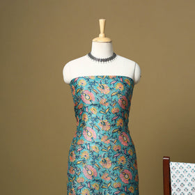 Green - maheshwari silk sanganeri hand 3pc unstitched dress