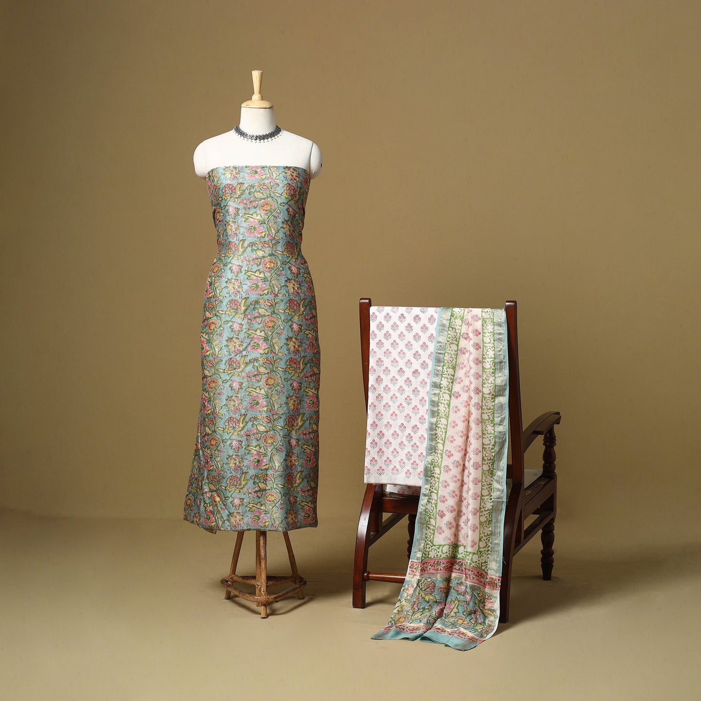 Green - maheshwari silk sanganeri hand 3pc unstitched dress