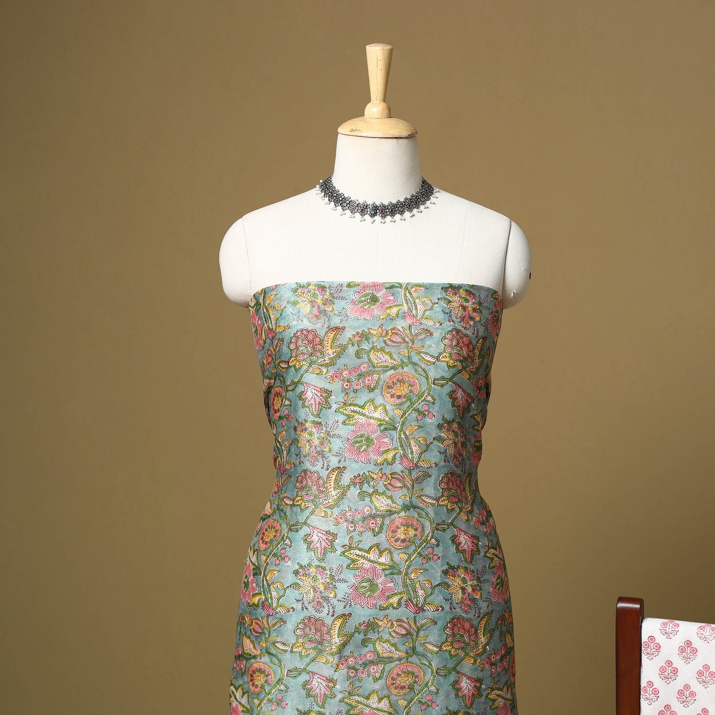 Green - maheshwari silk sanganeri hand 3pc unstitched dress