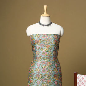 Green - maheshwari silk sanganeri hand 3pc unstitched dress