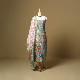 Green - maheshwari silk sanganeri hand 3pc unstitched dress