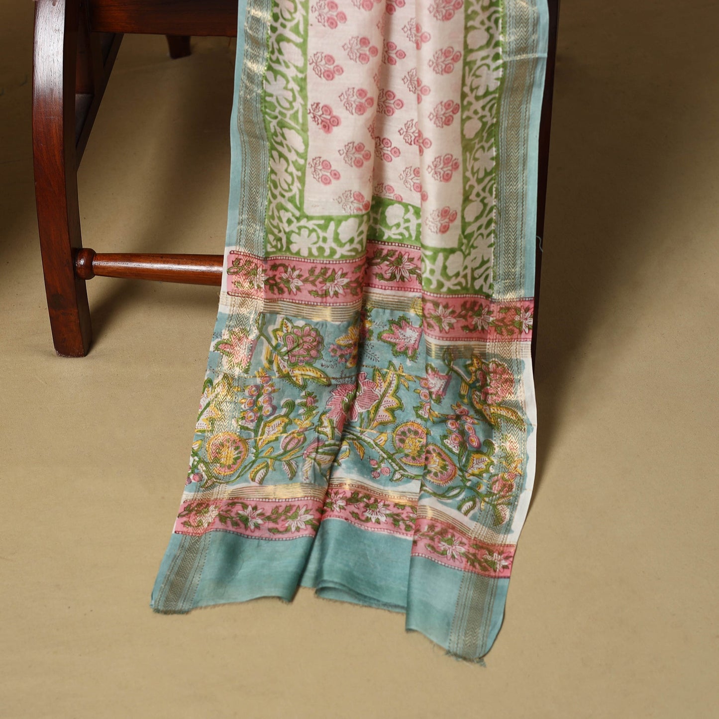 Green - maheshwari silk sanganeri hand 3pc unstitched dress