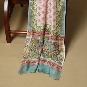 Green - maheshwari silk sanganeri hand 3pc unstitched dress