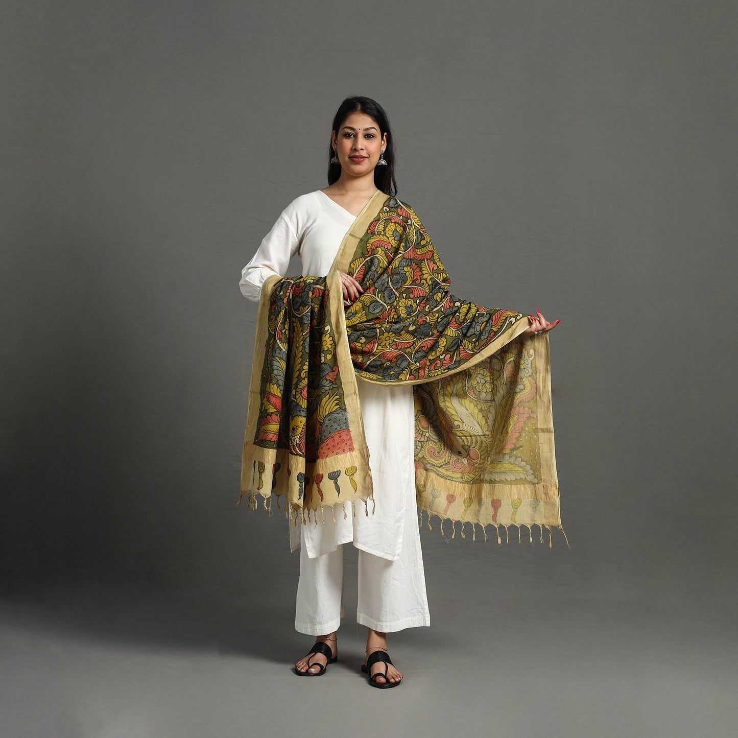 Green - mangalagiri cotton handpainted pen work kalamkari