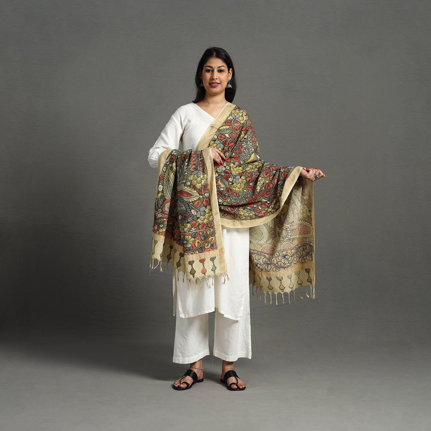 Green - mangalagiri cotton handpainted pen work kalamkari