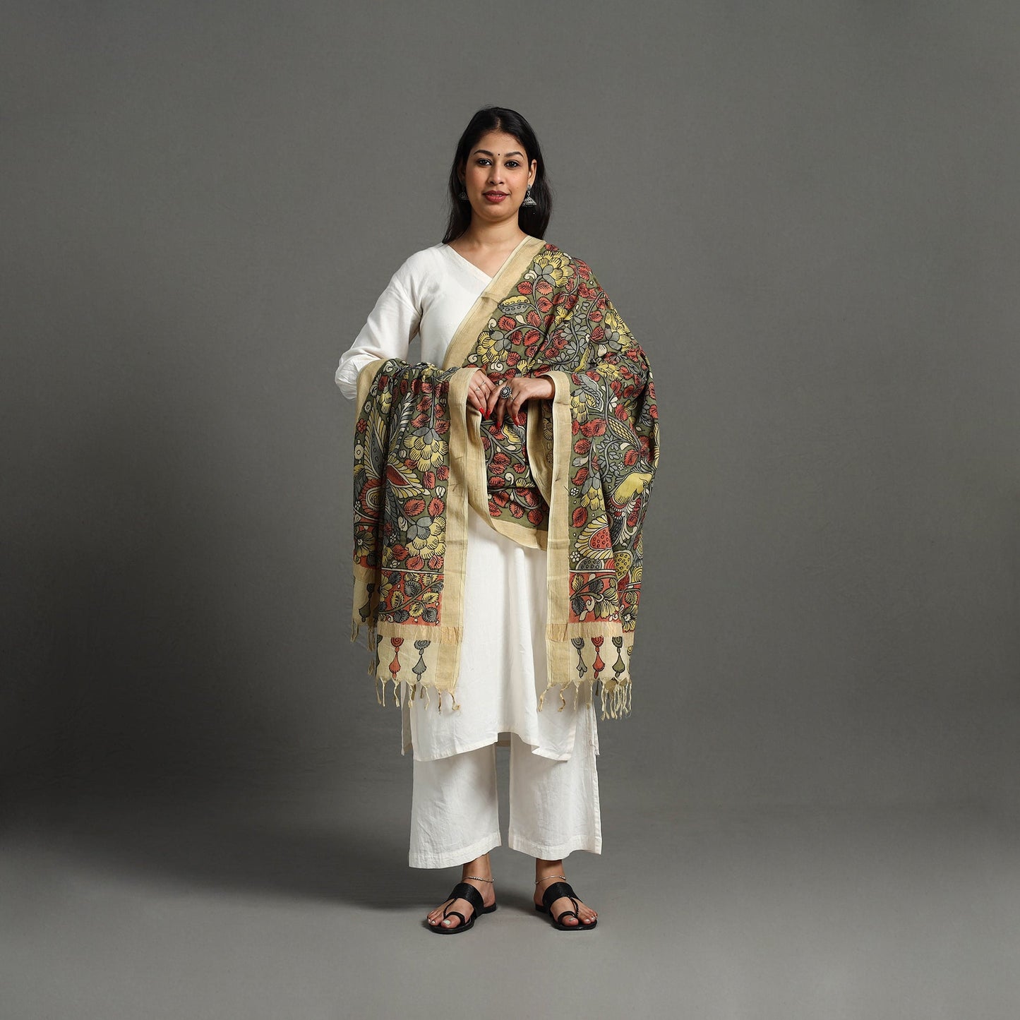 Green - mangalagiri cotton handpainted pen work kalamkari