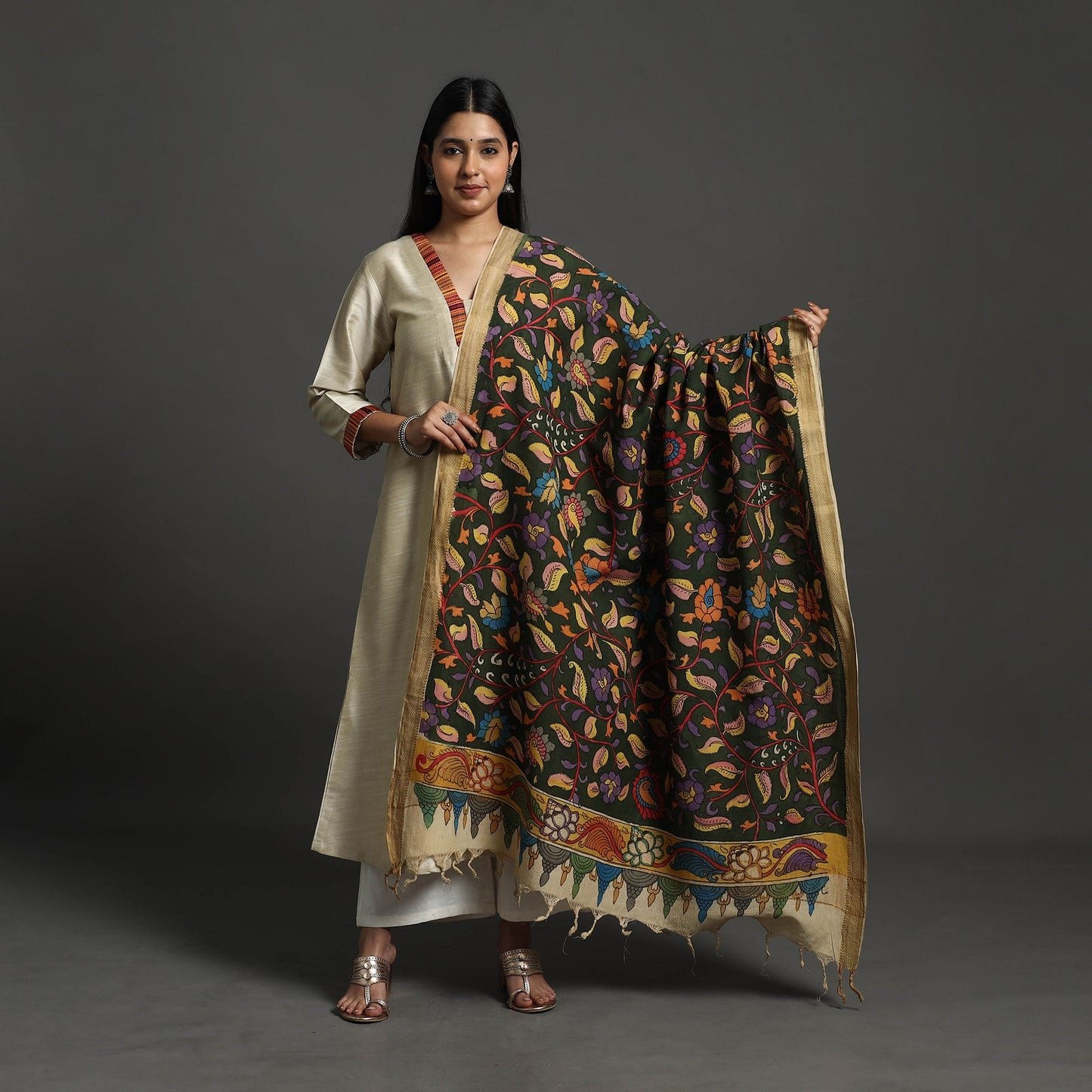 Green - mangalagiri cotton handpainted pen work kalamkari