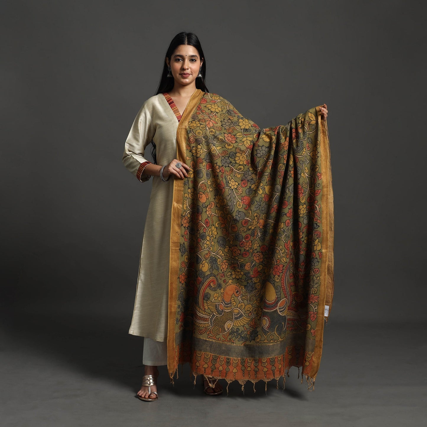 Green - mangalagiri cotton handpainted pen work kalamkari