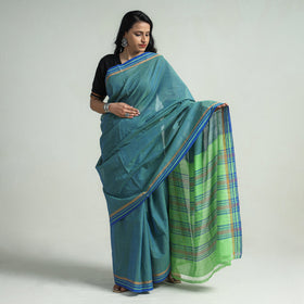 Green - Mangalagiri Godavari Muttulu Stripe Handloom Cotton Saree