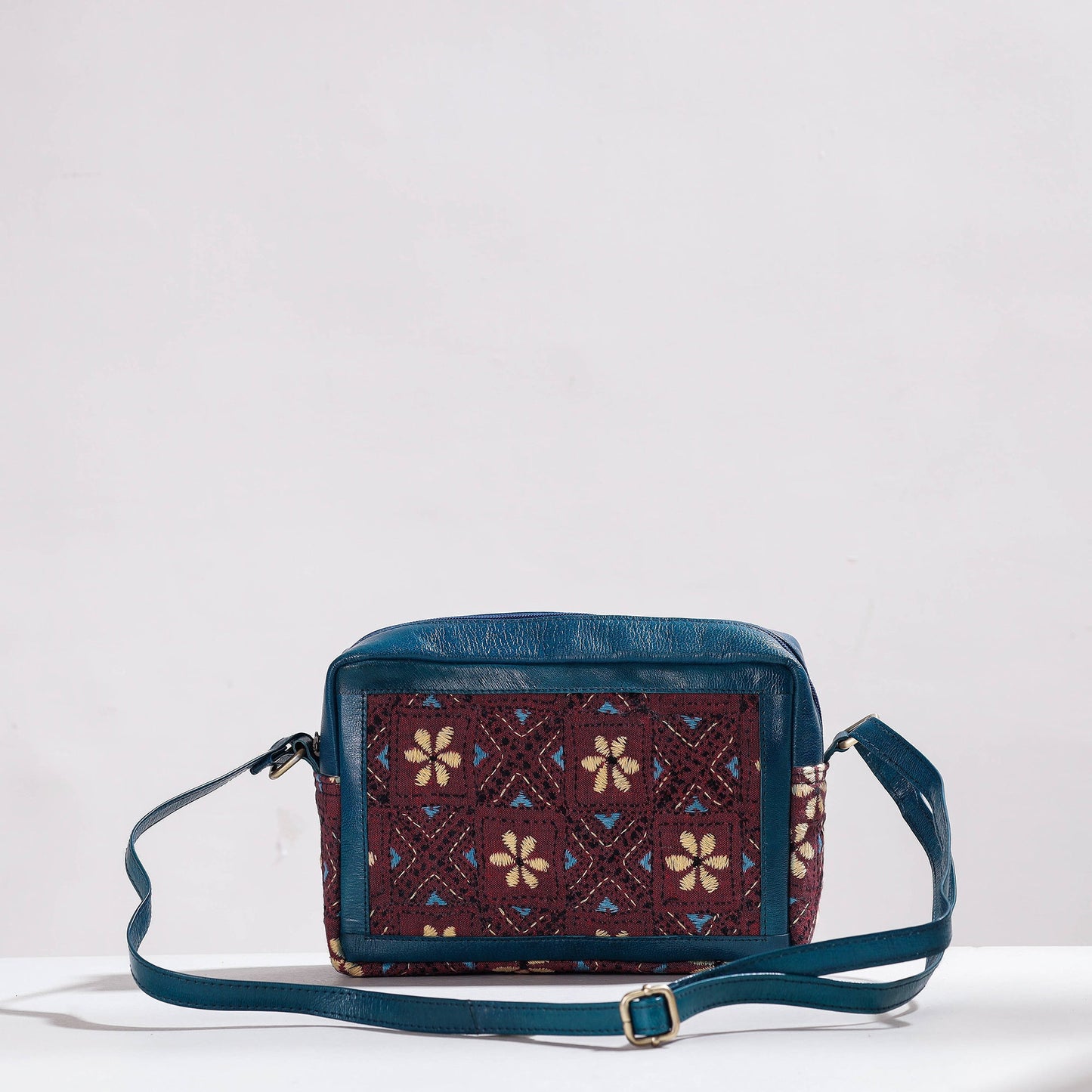  Handcrafted Kantha Embroidery Cotton & Leather Sling Bag 
