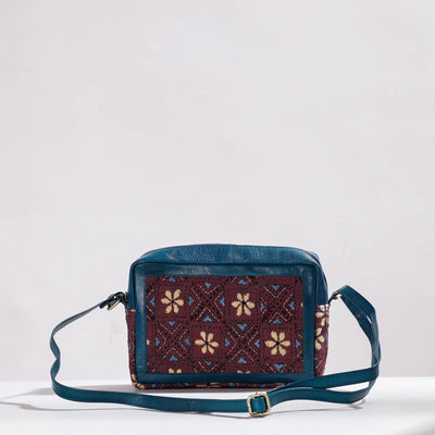  Handcrafted Kantha Embroidery Cotton & Leather Sling Bag 