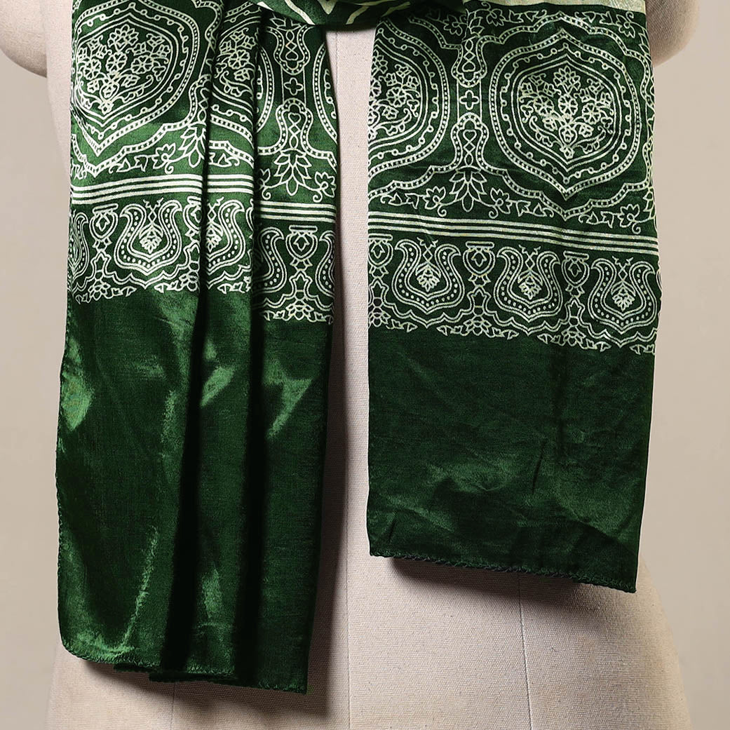 Green Mashru Silk Printed Ajrakh Stole 