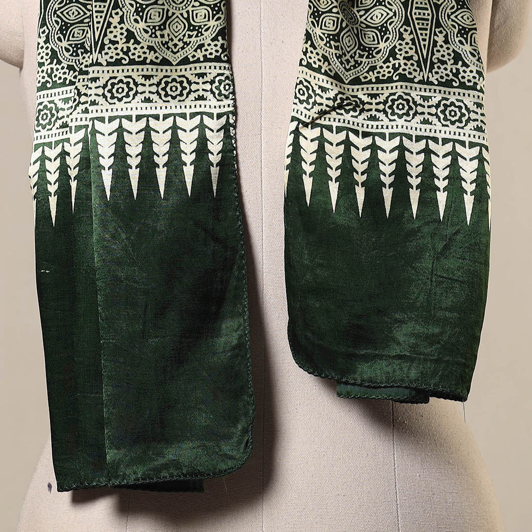 Green Mashru Silk Printed Ajrakh Stole 