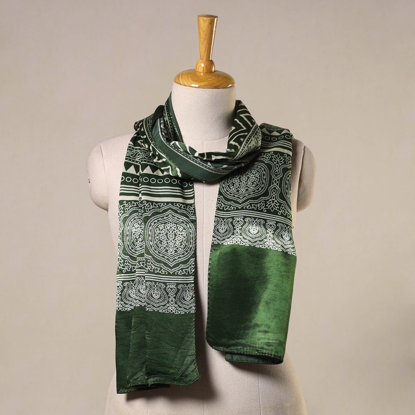 Green Mashru Silk Printed Ajrakh Stole 