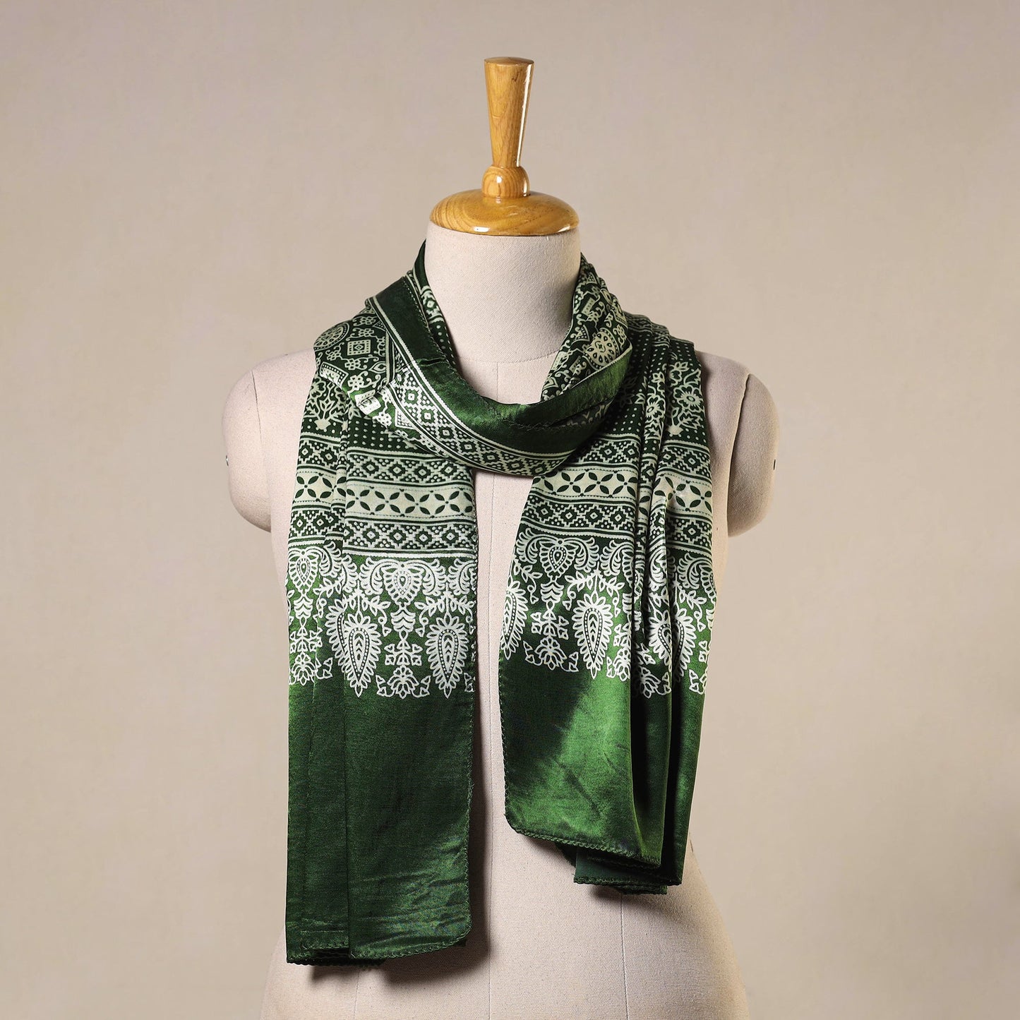 Green Mashru Silk Printed Ajrakh Stole 