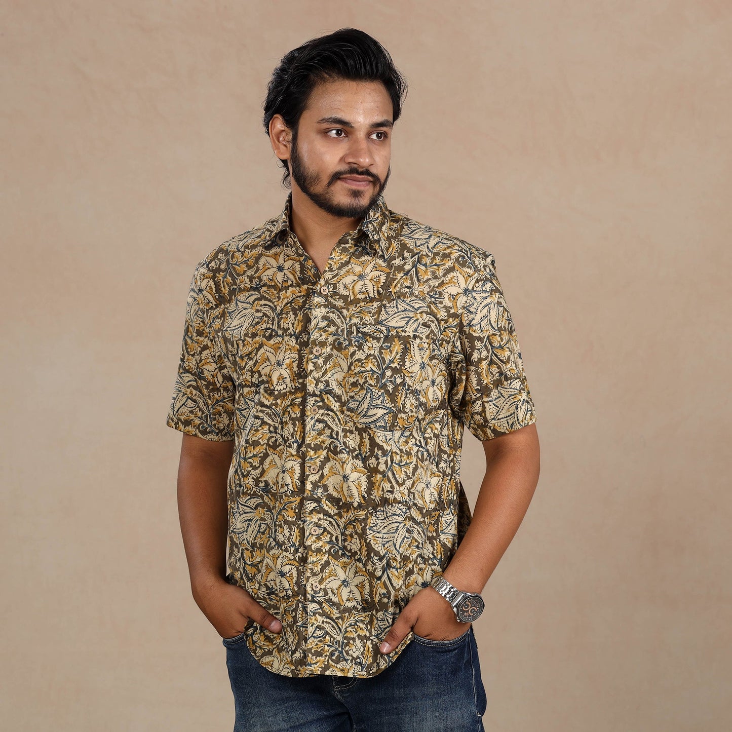 Buy Kalamkari Block Printed Cotton Men Half Sleeve Shirt Online at iTokri.com