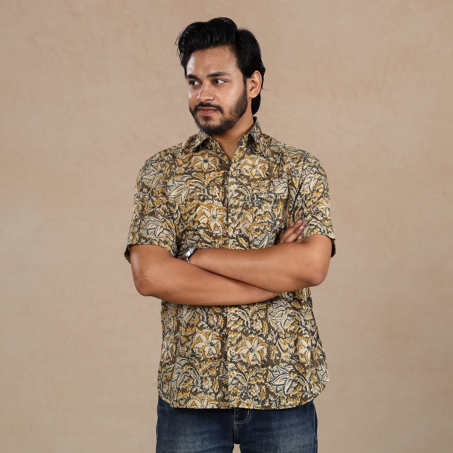 Buy Kalamkari Block Printed Cotton Men Half Sleeve Shirt Online at iTokri.com