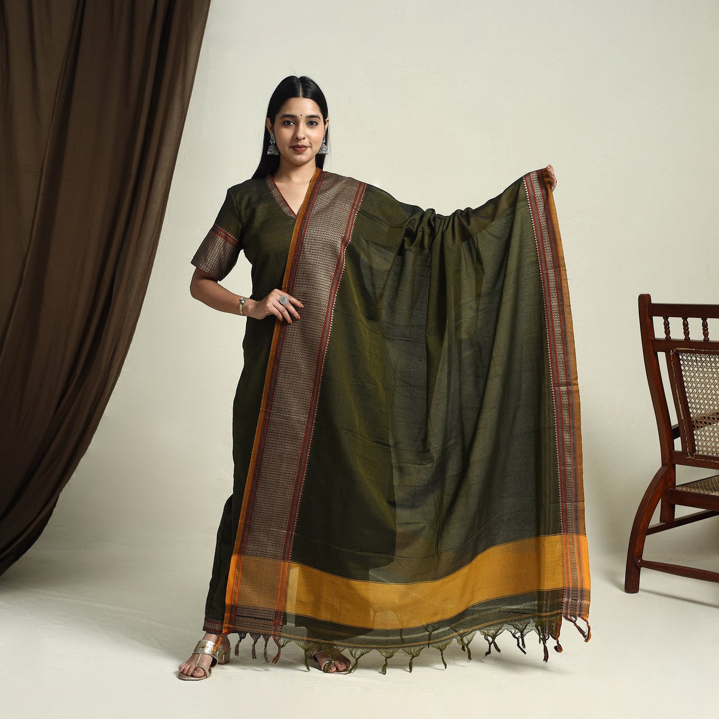 Mercerised Cotton Green Dharwad Kurta Set with Palazzo & Dupatta
