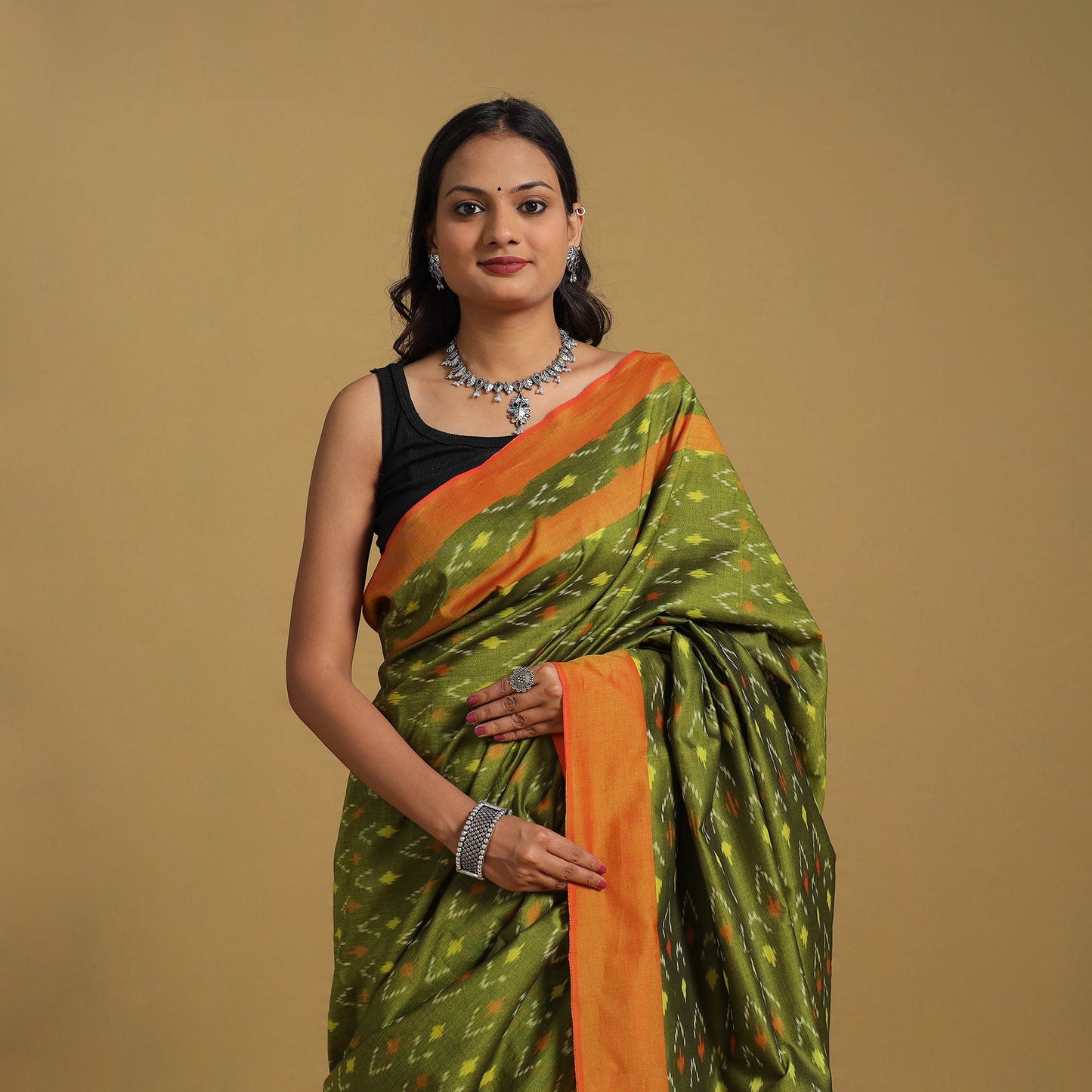 Green Mercerised Cotton Handloom Pochampally Ikat Saree