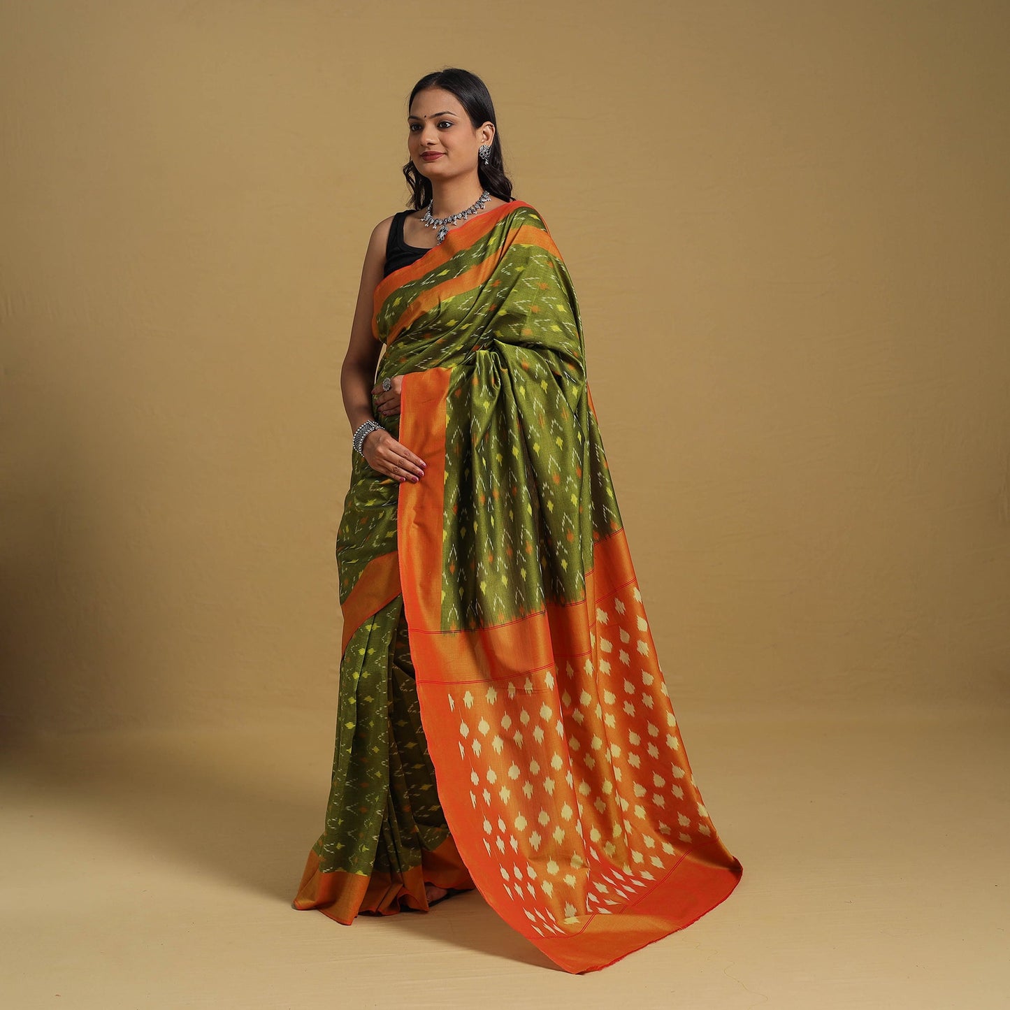 Green Mercerised Cotton Handloom Pochampally Ikat Saree