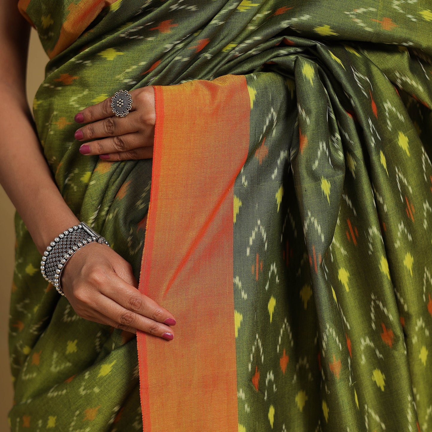 Green Mercerised Cotton Handloom Pochampally Ikat Saree
