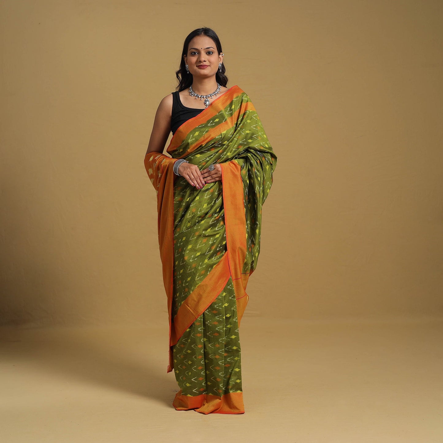 Green Mercerised Cotton Handloom Pochampally Ikat Saree