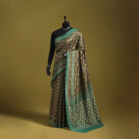 Brown - mercerised cotton handloom pochampally ikat saree
