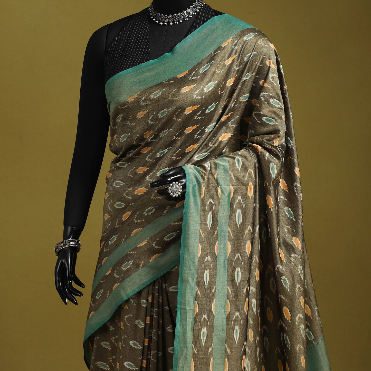 Brown - mercerised cotton handloom pochampally ikat saree