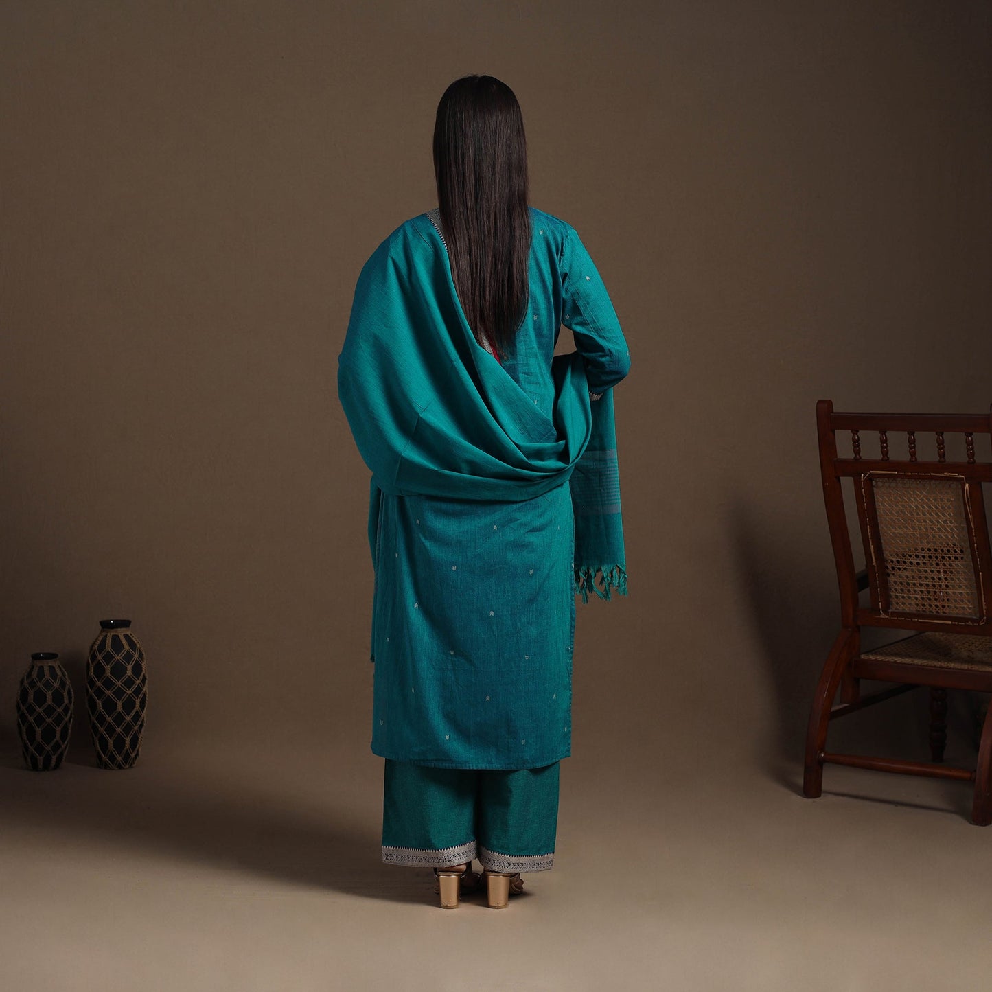 Green Mercerised Cotton Jacquard Kurta Set (Set of 3)