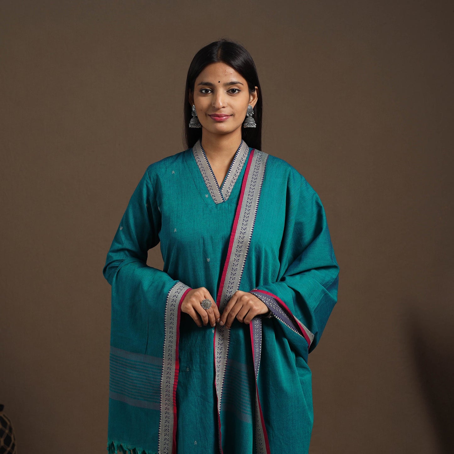 Green Mercerised Cotton Jacquard Kurta Set (Set of 3)